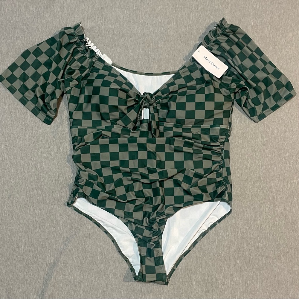 NWT Meet Curve Green Check One Piece Swimsuit V-Neck Mesh Low Back - Picture 3 of 7